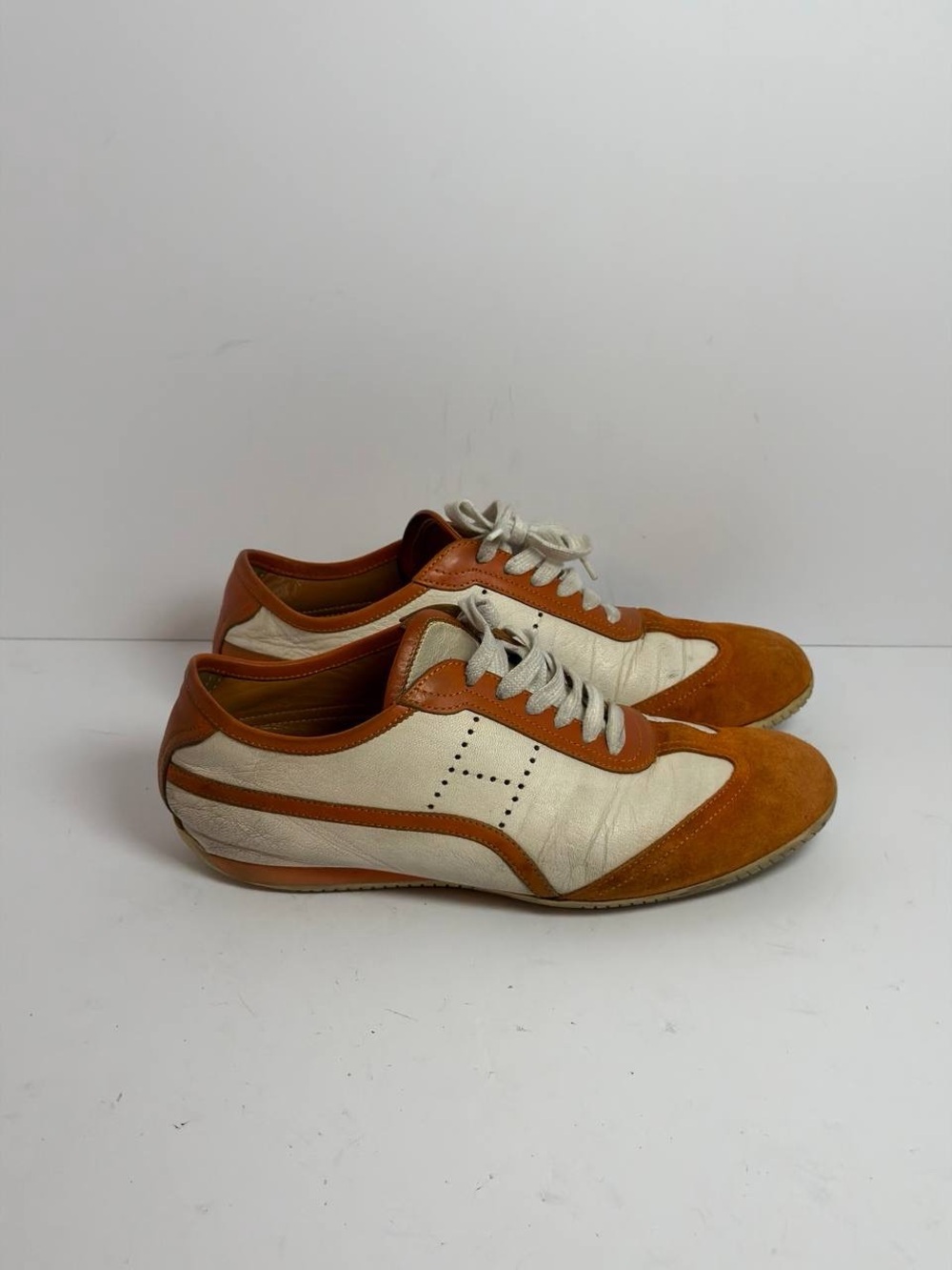 Hermes Vtg Quick Perforated H Logo White Leather/Orange Suede Sneakers Size 41